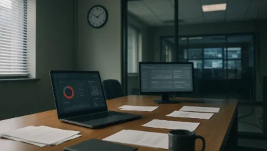 caixa, licitação, monitorar — Cena editorial fotorrealista em escritório regulatório com tela de dashboard genérica e mesa de