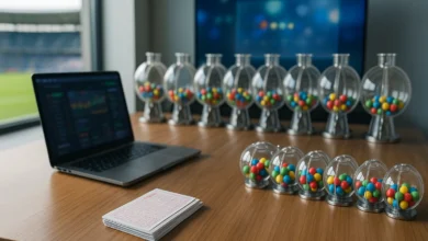 caixa,loterias,sorteios — Mesa de escritório com laptop, bilhetes de loteria e sete urnas com bolas coloridas; tela desfocada
