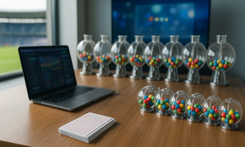 caixa,loterias,sorteios — Mesa de escritório com laptop, bilhetes de loteria e sete urnas com bolas coloridas; tela desfocada