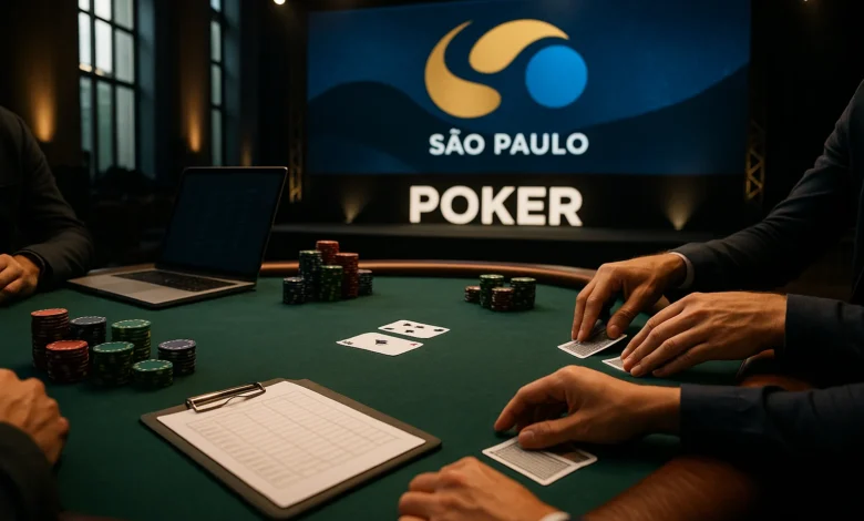H2bet, BSOP, patrocinador — Mãos sobre mesa de poker com chips, cenário de patrocínio de torneio no Complexo WTC, sem rostos