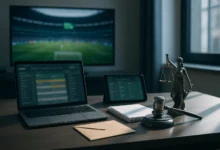 justiça, plataforma, apostas — Cena em escritório regulatório com laptop, tablet e documentos não legíveis sobre apostas espo