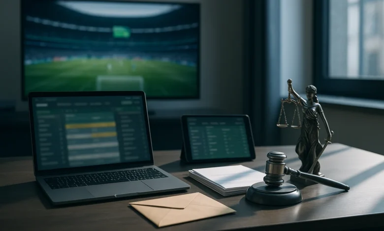 justiça, plataforma, apostas — Cena em escritório regulatório com laptop, tablet e documentos não legíveis sobre apostas espo