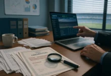 loterj,fraude,credenciamento — Mesa regulatória com documentos, lupa sobre credenciamento com marca d'água, laptop e notas de