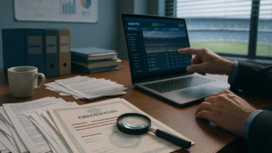 loterj,fraude,credenciamento — Mesa regulatória com documentos, lupa sobre credenciamento com marca d'água, laptop e notas de