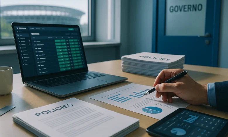 regulacao, apostas, consumidores — Mesa regulatória com laptop exibindo interface genérica de apostas, papéis desfocados e il