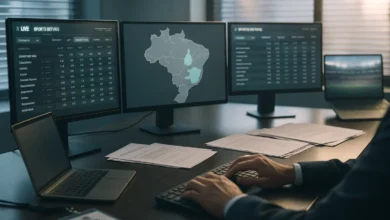 PF deflagra a Operação Slots contra bets ilegais e bloqueia R$ 951.140.294,00 5 pf, slots, bets — Mesa regulatória com monitores exibindo gráficos genéricos e mapa sem texto com seis regiões destacadas.
