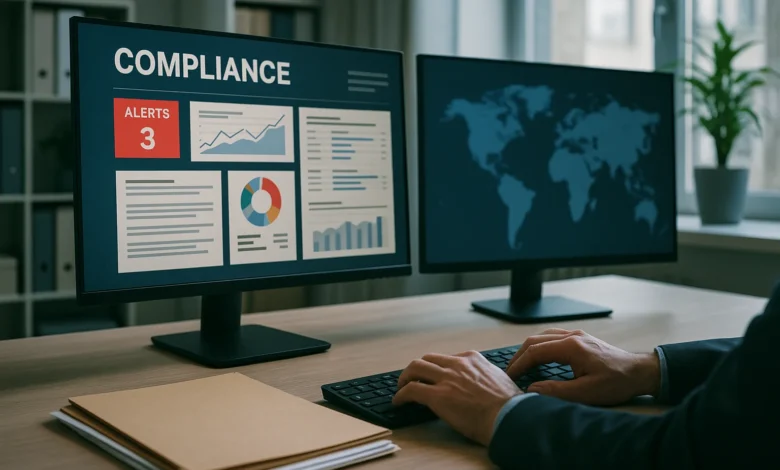 spa-mf, fintechs, apostas — Mesa de escritório com dois monitores exibindo dashboards de conformidade e alertas, mãos sobre p