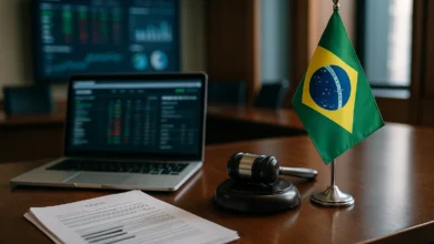 regulacao, apostas, brasil — Mesa de escritório regulatório com laptop desfocado, documentos ocultos, martelo e bandeira do B